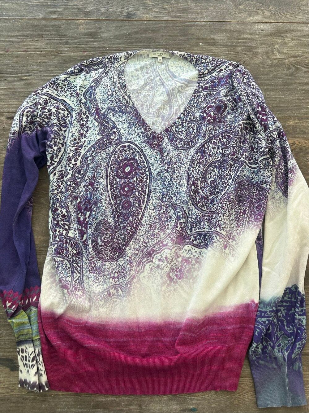 Etro Milano Silk Blend Paisley Knit Sweater Purple Pink V Neck Italy Sz 44